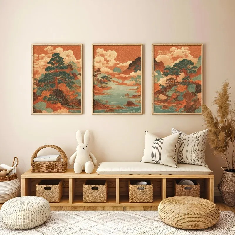 Japanese Living Lifestyle - 3 szt. Vintage Japońskie Ukiyo-e Czerwone
